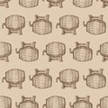 Seamless pattern with barrels of beer