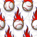 Seamless vector pattern with baseball ball icons and flames. Royalty Free Stock Photo