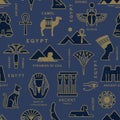 A seamless pattern based on the symbols of ancient Egypt. Cats, lotus flowers, camels, buffaloes and more Royalty Free Stock Photo