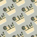 Seamless pattern with basket products. Beige ornament with green details on light purple background