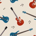 Seamless pattern with bass guitars, electric guitars and musical notes Royalty Free Stock Photo