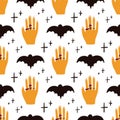 seamless pattern with bat, magic hands with jewelry