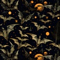 Seamless pattern with bats, moon and stars. Halloween background