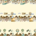 Seamless pattern of bavarian houses, retro airplanes and hot air balloons in the sky