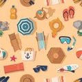 Seamless Pattern with Beach Items Flip-flops, Sunglasses, Beach Ball, And Starfish, Umbrella, Inflatable Ring