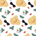 Seamless pattern with beach wide brimmed straw hat, sunglasses, strawberry and mint leaves. Flat lay