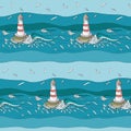 Seamless pattern with beacon in waves and seagulls in sky. Marine vector stock illustration. Cartoon blue ocean water, lighthouse
