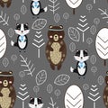 Seamless pattern with bear and badger in forest Scandinavian style - vector illustration, eps