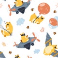 Seamless pattern bear flying on an airplane, air balloon,  handmade wings. Cute cartoon teddy. Vector illustration. For fabric, Royalty Free Stock Photo