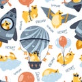 Seamless pattern bear flying on an airplane, air balloon, rocket, clouds, handmade wings. Cute cartoon teddy. Vector illustration Royalty Free Stock Photo