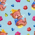 Seamless pattern with bear holding toilet paper