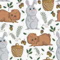 Seamless pattern with bear, rabbit, basket, fern and acorn.