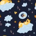 Seamless pattern bear sleeping and flying on cloud. Cute cartoon Teddy bear flying in the night sky. Vector illustration. For Royalty Free Stock Photo
