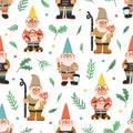 Seamless pattern with bearded gnomes, dwarfs, elves, plants, leaves and colorful dots on white background. Endless