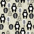 Seamless pattern, bears, fir trees and trees. Decorative cute background with animals, forest Royalty Free Stock Photo