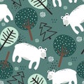 Colorful seamless pattern, bears, fir trees and trees. Decorative cute background with animals, forest