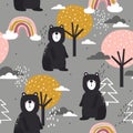 Colorful seamless pattern with bears, trees, fir trees. Decorative cute background, funny animals, forest, rainbow Royalty Free Stock Photo