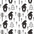 Black and white seamless pattern, bears, fir trees and trees. Decorative cute background, animals and forest Royalty Free Stock Photo