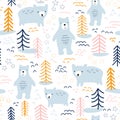 Seamless pattern bears in forest hand drawn vector illustration. Scandinavian style repeating animal nature background in blue, Royalty Free Stock Photo