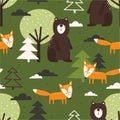Colorful seamless pattern, bears, foxes, fir trees, trees. Decorative cute background with funny animals, forest