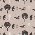 Seamless pattern, bears, foxes and trees. Decorative cute background with animals, forest Royalty Free Stock Photo