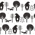 Black and white seamless pattern, bears, foxes and trees. Decorative cute background with animals, forest