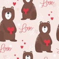 Colorful seamless pattern, bears with hearts and text. Decorative cute background with animals. Love