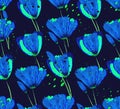 Seamless pattern with beautiful abstract tulips. Blue flowers on a dark background