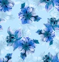 Seamless pattern with beautiful big flowers on blue background. Patch for fabric textile prints. Royalty Free Stock Photo
