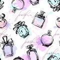 Seamless pattern with beautiful bottles of perfume. Women`s perfume. Vector Royalty Free Stock Photo