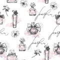 Seamless pattern with beautiful bottles of perfume. Women`s perfume. Vector Royalty Free Stock Photo