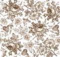 Seamless pattern. Realistic isolated flowers. Vintage background. Chamomile Rose Petunia wildflowers Drawing engraving Vector Royalty Free Stock Photo