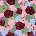 Seamless pattern with beautiful burgundy roses on colorful background of brush strokes.