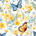 Seamless pattern of butterflys and flowers. Watercolor illustration nature background, Generative AI