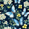 Seamless pattern of butterflys and flowers. Watercolor illustration nature background, Generative AI