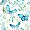 pattern of beautiful butterflys and leafs. Watercolor illustration nature background, Generative AI