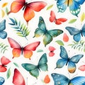 pattern of beautiful butterflys and leafs. Watercolor illustration nature background, Generative AI