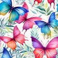 pattern of beautiful butterflys and leafs. Watercolor illustration nature background, Generative AI