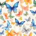 pattern of beautiful butterflys and leafs. Watercolor illustration nature background, Generative AI