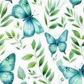 pattern of beautiful butterflys and leafs. Watercolor illustration nature background, Generative AI