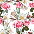 Seamless pattern. Beautiful fabric blooming realistic flowers