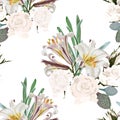 Seamless pattern. Beautiful fabric blooming realistic flowers. Vintage white background.