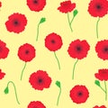 Seamless pattern with beautiful flowers of poppies on yellow background.