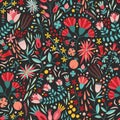 Seamless pattern with beautiful garden blooming flowers on black background. Folk floral backdrop. Colorful natural