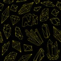 Seamless pattern with beautiful gems, crystals or precious stones hand drawn with yellow contour lines on black