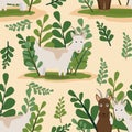 Seamless pattern with beautiful goat with long horns stands in a clearing surrounded by tall green plants