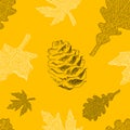 Seamless pattern of beautiful oak and maple autumn leafs and pine cones white and black illustration on yellow with copy space. Royalty Free Stock Photo