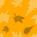 Seamless pattern of beautiful oak and maple autumn leafs white and black illustration on yellow with copy space. Autumn seasonal Royalty Free Stock Photo