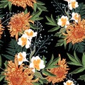 Seamless pattern. Beautiful orange blooming flowers. Vintage black background. Royalty Free Stock Photo