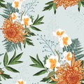 Seamless pattern. Beautiful orange blooming flowers. Vintage light blue background. Royalty Free Stock Photo